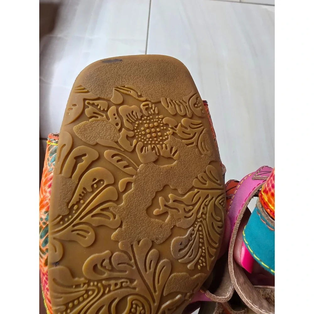 Spring‎ Step LArtiste Leather Floral Slide Sandals Block Heel Women size 40 F1